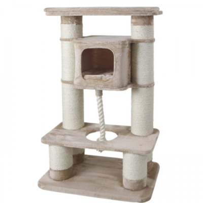 Arranhador para gatos bege com corda sisal branca e casa suspensa