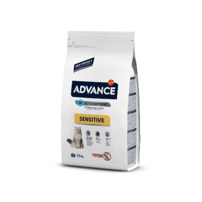 Saco branco de ração para gato Advance Sensitive de 1,5 kg com texto e imagem de gato
