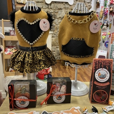 Dois fatos para cães em manequins com padrão leopardo e elementos decorativos, rodeados por acessórios para animais numa loja.