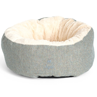 Cama redonda para animais em tecido cinzento e interior creme peludo