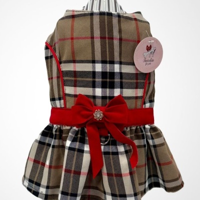 Vestido xadrez castanho com cinto vermelho e laço, etiqueta rosa Twinkie for pets