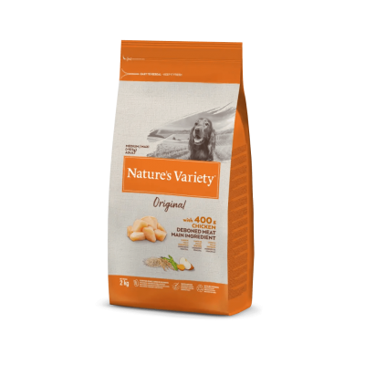 Saco de ração para cães Nature's Variety Original laranja e branco com imagem de cão e texto