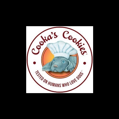 Logo circular com um cão de chef e texto Cooka's Cookies