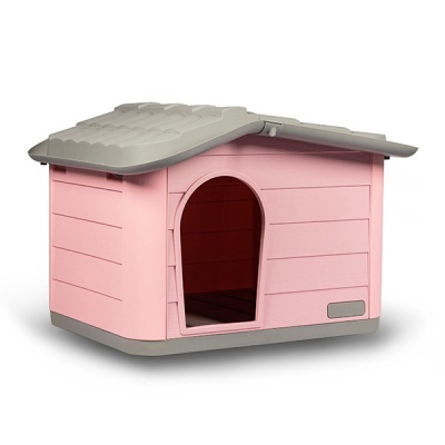 Casota para cães de plástico rosa com telhado cinza