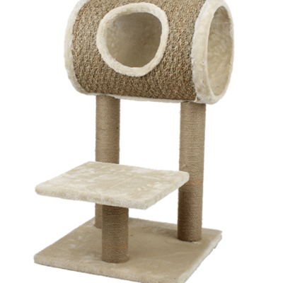 Arranhador para gatos com túnel superior e plataforma em tecido bege com colunas revestidas a corda