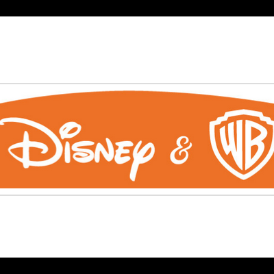 Logótipos da Disney e Warner Bros em fundo laranja