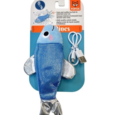Brinquedo para gato em forma de peixe azul e prateado com cabo USB