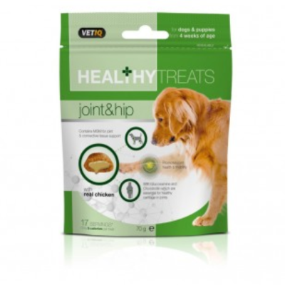 Embalagem verde e branca de petiscos para cães VETIQ HEAL+HY TREATS joint&hip