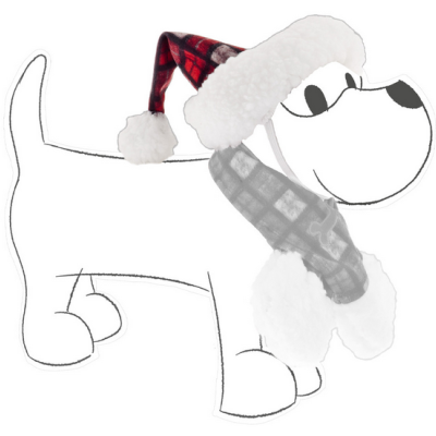 Desenho simples de cão com chapéu vermelho xadrez e cachecol cinzento xadrez