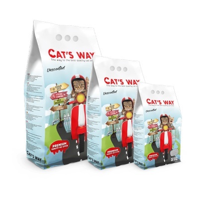 Pacotes de ração para gatos CAT'S WAY em três tamanhos com ilustração de gato motociclista e placas coloridas