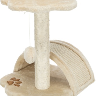 Arranhador para gatos bege com base e topo em forma de flor, coluna de sisal, brinquedo pendurado e rampa curva