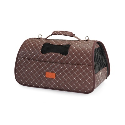 Transportadora para animais castanha acolchoada com padrão xadrez e malha preta