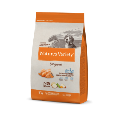 Saco de ração Nature's Variety Original para cães, branco e laranja, com imagem de cão e salmão