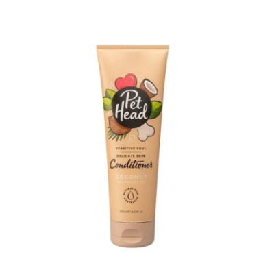 Frasco creme de condicionador Pet Head Coconut para pele delicada com ilustração colorida e texto visível