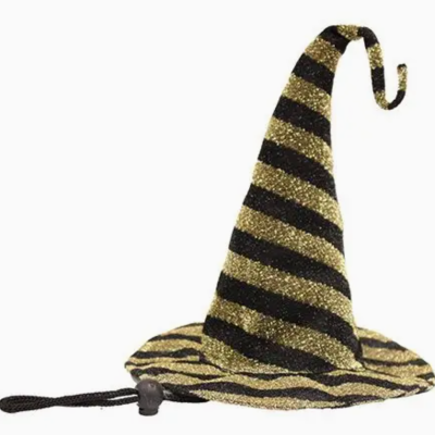 Chapéu cónico riscas preto e dourado brilhante com cordão para ajuste