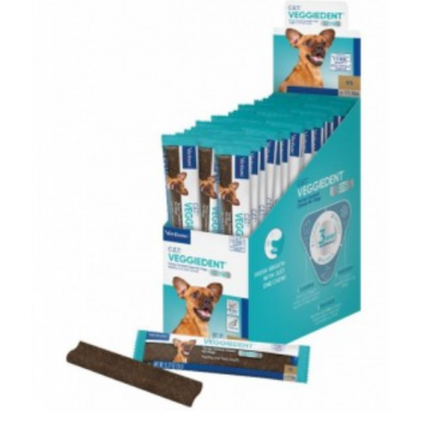 Barras VEGGEDENT para cães em embalagem azul com imagem de cão