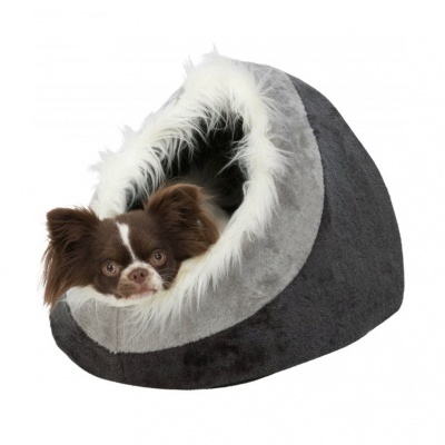 Cama para cão em forma de casulo com tecido cinzento e detalhe felpudo branco