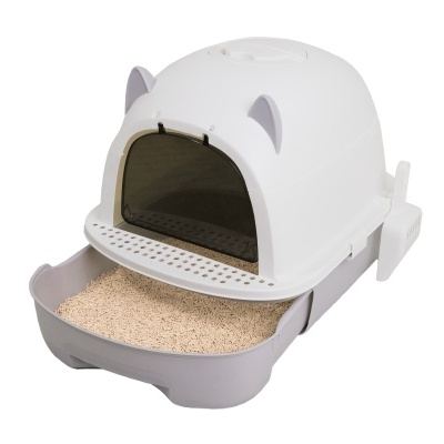 Casa de banho para gato em plástico cinzento e branco com tampa com orelhas e porta escura