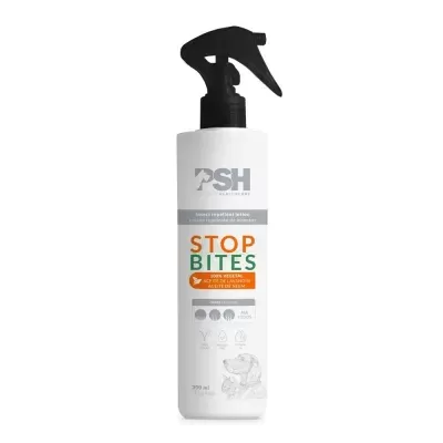 Frasco branco com borrifador preto de loção repelente de insetos PSH STOP BITES 300 ml