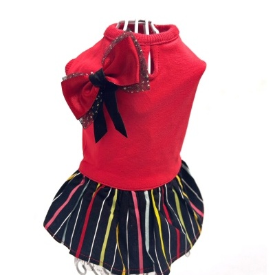Vestido para cão vermelho com laço e saia listrada