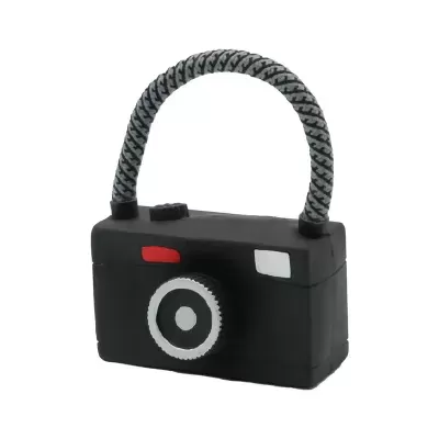 Cadeado preto em forma de câmera fotográfica com alça trançada cinza e preta