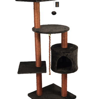 Arranhador para gatos preto com postes de sisal e brinquedo pendurado