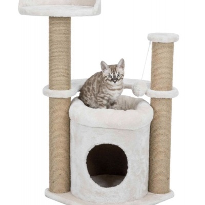 Arranhador bege para gatos com postes de sisal, cama suspensa e casa cilíndrica com gato