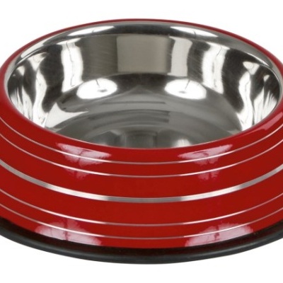 Tigela vermelha e aço inoxidável para animais com base preta