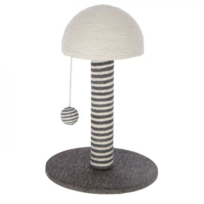 Arranhador para gatos com base cinzenta, coluna listrada e bola pendurada