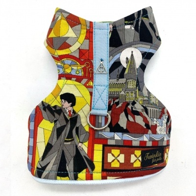 Colete para cão com padrão inspirado em Harry Potter e alça azul clara