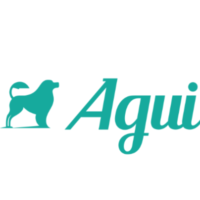 Logótipo com texto 'Aqui' e silhueta de cão verde-azulada