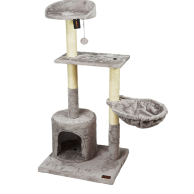 Arranhador cinza para gatos com postes de sisal, cama suspensa e casa fechada