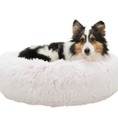 Cão deitado em cama redonda felpuda branca.