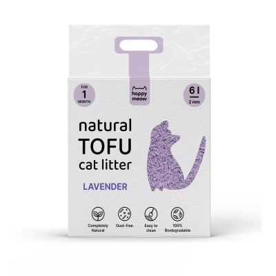 Saco de areia para gatos natural tofu lavanda com ilustração de gato roxo