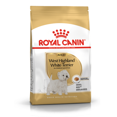 Pacote dourado e branco de ração Royal Canin para cães West Highland White Terrier
