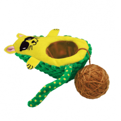 Arranhador para gatos com almofada amarela com desenho de gato, base verde e bola de corda castanha