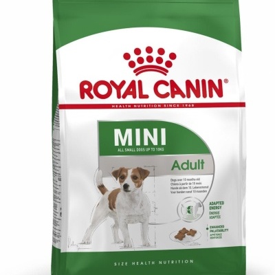 Embalagem de ração Royal Canin Mini Adult para cães pequenos até 10 kg, verde e branco, com imagem de cão