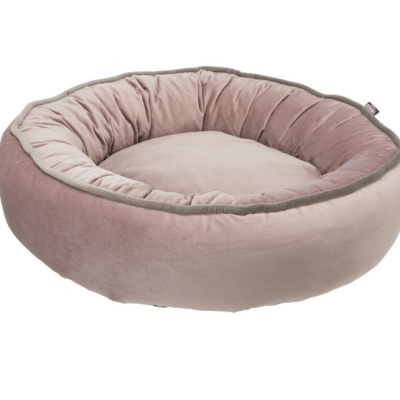 Cama para animais de estimação redonda rosa e cinza aveludada