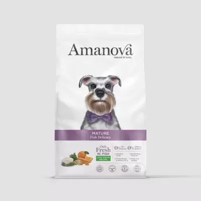 Saco de comida para cães Amanova com retrato de cão e texto informativo