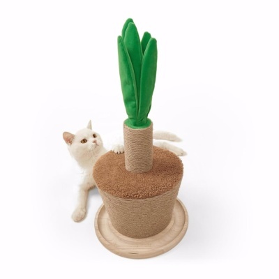 Arranhador para gatos em forma de vaso de plantas com folhas verdes