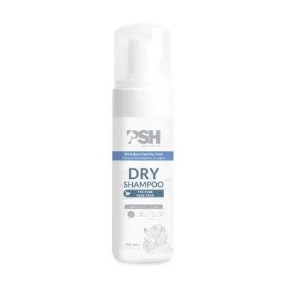 Frasco branco de shampoo seco para animais PSH com rótulo azul e branco e ilustração de cão e gato
