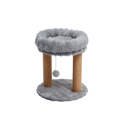 Arranhador de gato cinzento com poste de sisal castanho e bola pendurada