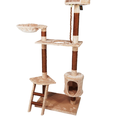 Estrutura para gato com vários níveis e acessórios em castanho claro e castanho