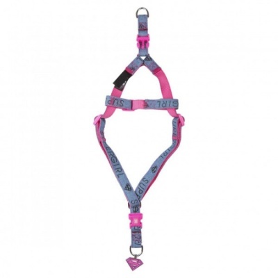 Peitoral para animais azul e rosa com texto 'SUPER GIRL' e pendente em forma de escudo