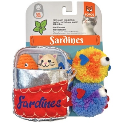 Brinquedo para gato FOFOS sardinhas em embalagem prateada e vermelha com brinquedos coloridos
