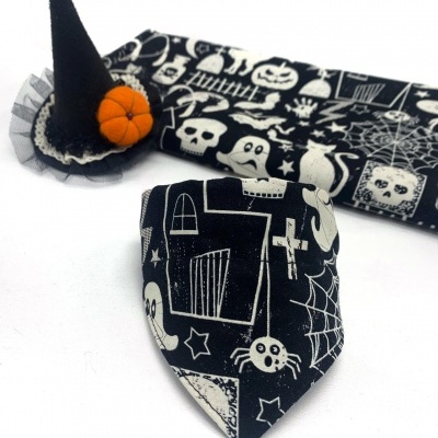 Lenço e chapéu de bruxa pequenos para animais ou decoração com estampas de Halloween