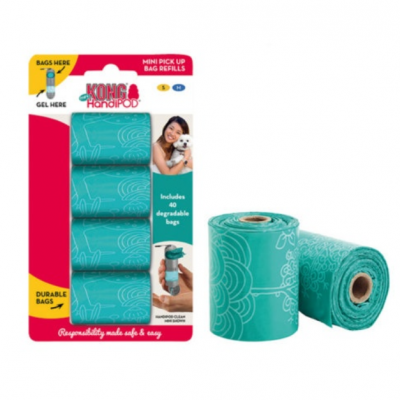 Roletes de sacos para resíduos de animais azuis com embalagem KONG HandiPOD.
