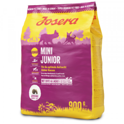 Saco de ração Josera Mini Junior para cães pequenas raças, amarelo e roxo, 900 g
