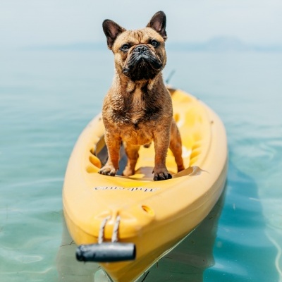 Buldogue francês em caiaque amarelo na água