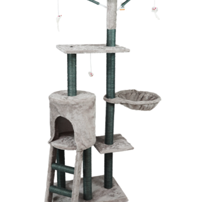 Estrutura para gato com postes revestidos a corda verde e plataformas cinzentas